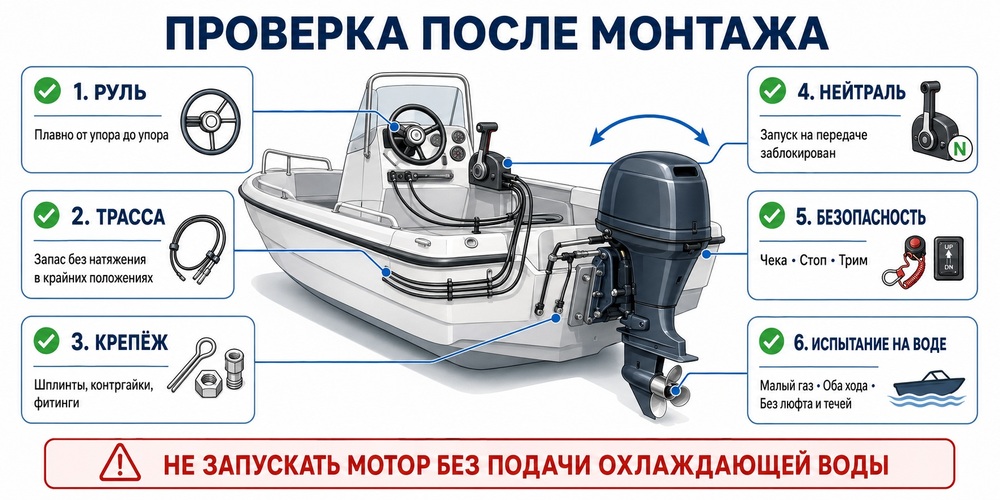 Проверка штурвала, пульта газ-реверс, креплений лодочного мотора после установки