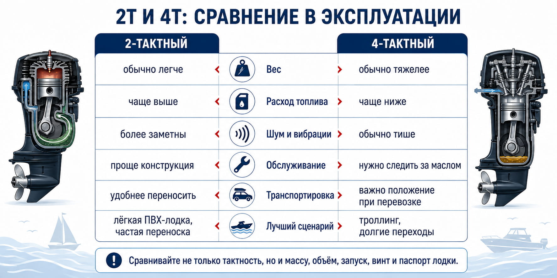 Сравнение двухтактного и четырёхтактного лодочного мотора по весу, расходу и режиму работы