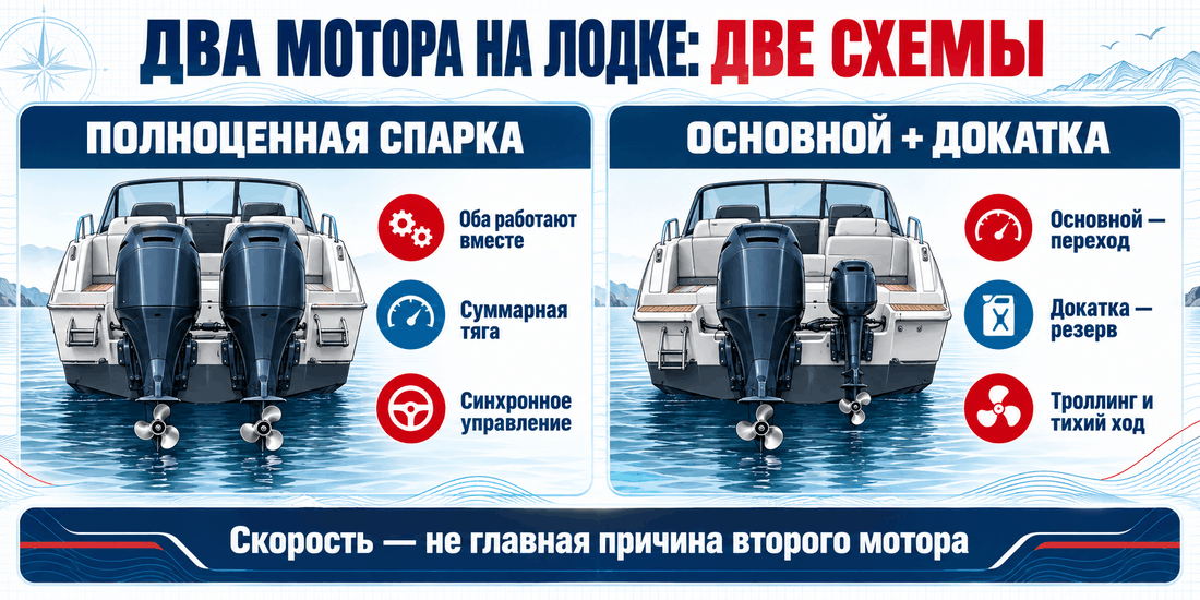 Схемы установки двух одинаковых лодочных моторов и основного двигателя с докаткой