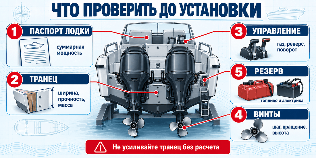 Проверка транца, управления, винтов, топлива и электрики перед установкой двух лодочных моторов